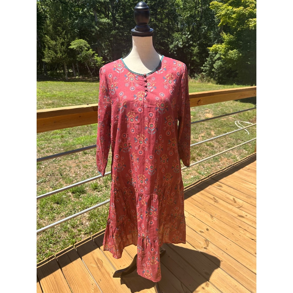 Gudrun Sjoden Floral Cotton Tiered Dress Burgundy Size M Lagenlook Scandi Artsy